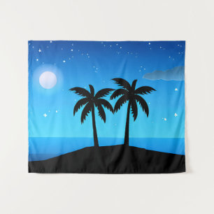 Tropische Silhouette mit Mond und Sternen Wandteppich