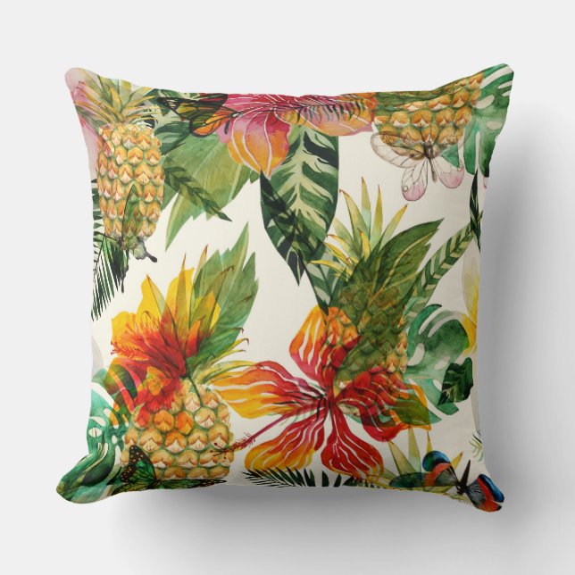 Tropische Sommer-Blumen und Ananas-Muster Kissen (Vorderseite)