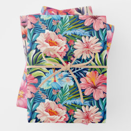 Tropische Sommerblumen Botanisches Blumenmuster Geschenkpapier Set