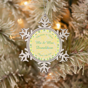 Tropische Sommerhochzeitpinienbäume und Palmen-Blä Schneeflocken Zinn-Ornament