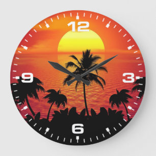 Tropische Sonnenuntergangs-Palmen Silhouette Stran Große Wanduhr