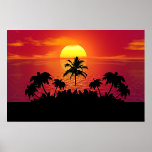 Tropische Sonnenuntergangs-Palmen Silhouette Stran Poster