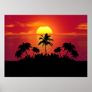 Tropische Sonnenuntergangs-Palmen Silhouette Stran Poster