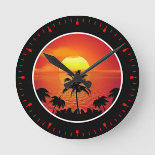 Tropische Sonnenuntergangs-Palmen Silhouette Stran Runde Wanduhr