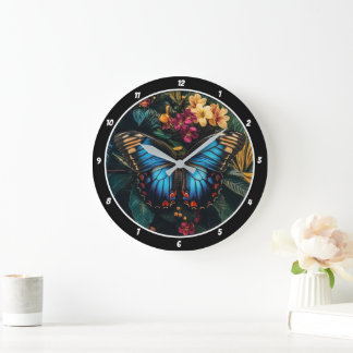 Tropische Strahlung" - Blauer Schmetterling Große Wanduhr
