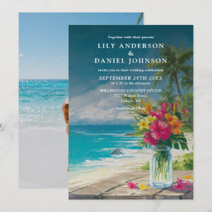Tropische Strand-Blumen-Mason-Glas-Foto-Hochzeit Einladung