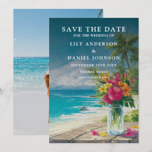 Tropische Strand-Blumen-Mason-Glas-Foto-Hochzeit Save The Date