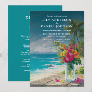 Tropische Strand-Blumen-Mason-Glas-Hochzeit Alles Einladung