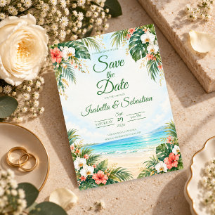 Tropische Strand-Hochzeit mit Blumen Save The Date