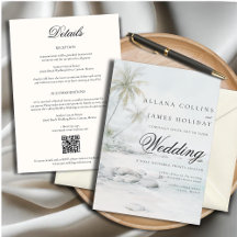Tropische Strand-Palm-Wasserfarben-Hochzeitseinlad