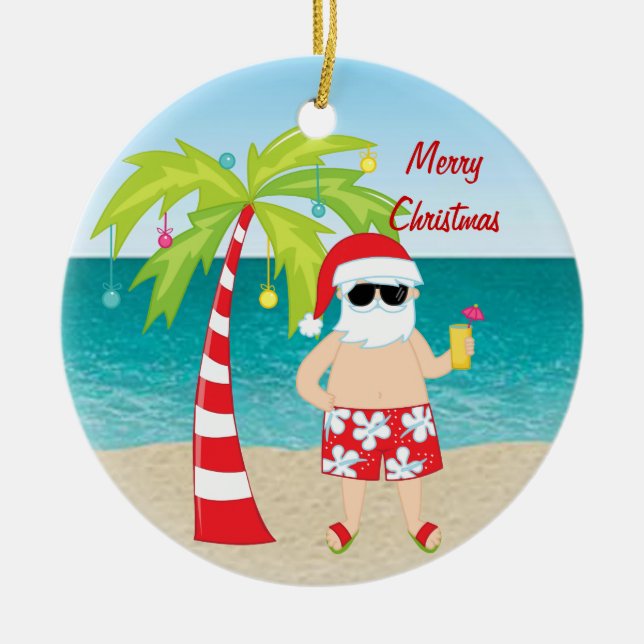 Tropische Strand-Sankt-Palme-Weihnachtsverzierung Keramikornament (Vorne)