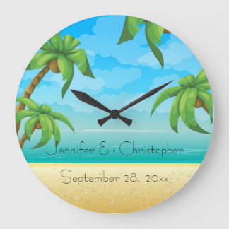 Tropische Strand-und Palmen, die Memento Wedding Große Wanduhr