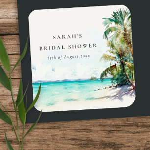 Tropische Strand-Wasserfarben-Palm-Braut-Dusche Quadratischer Aufkleber