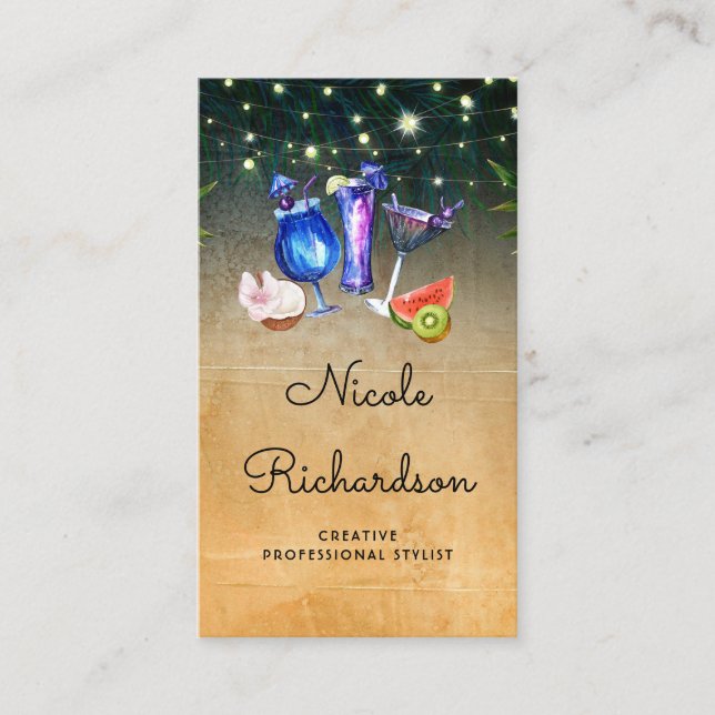 Tropische Strandcocktails und Palm String Lights Visitenkarte (Vorderseite)
