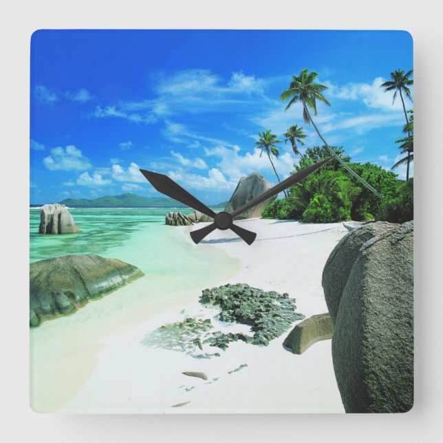 Tropische Strände | Insel La Digue Quadratische Wanduhr (Vorderseite)