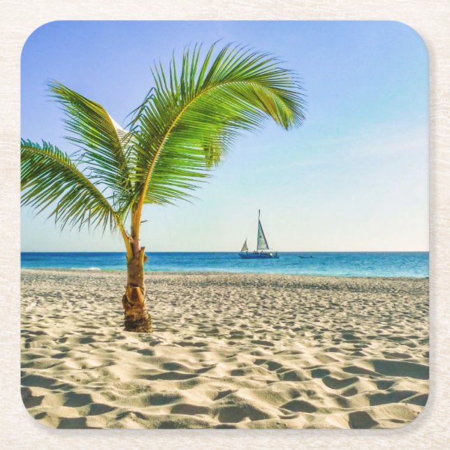 Tropische Strände | Segelboot, Palm Tree, Aruba Rechteckiger Pappuntersetzer (Vorderseite)