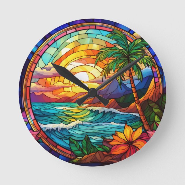 Tropische Strandklippen, Buntglaskunst Runde Wanduhr (Vorderseite)