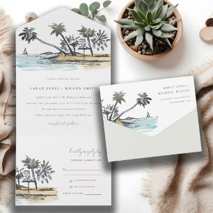 Tropische Strandpalme Skizze Aquarell Hochzeit All In One Einladung