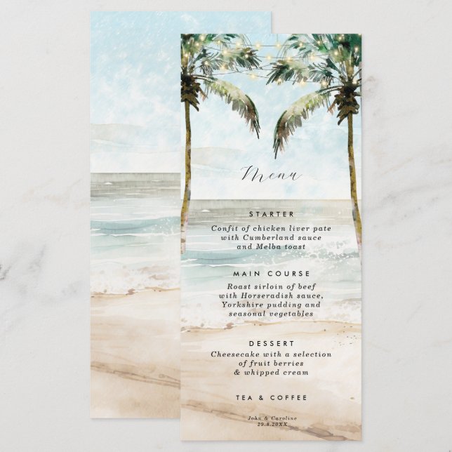 Tropische Strandpalmen beleuchten Hochzeitskarte Menükarte (Vorne/Hinten)