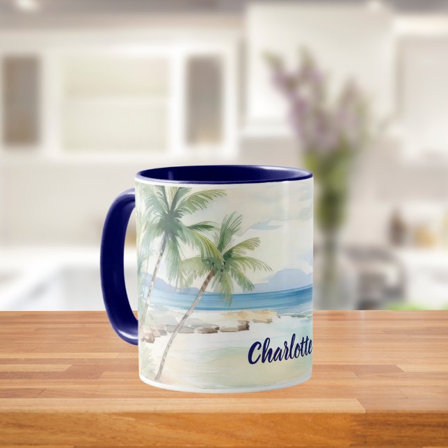 Tropische Strandpalmen Namen blaue Sommer Tasse (Von Creator hochgeladen)