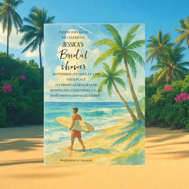 Tropische Strandpalmen-Surf-Brautparty Einladung (Von Creator hochgeladen)
