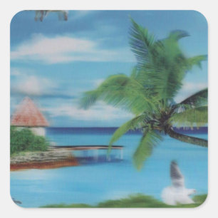 Tropische Strandszene-Kunstposter Quadratischer Aufkleber