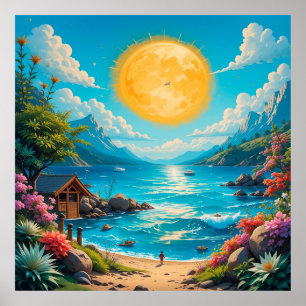 Tropische Strandszene mit lebendigen Blumen Poster
