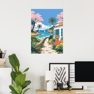 Tropische Strandvilla mit Booten Poster