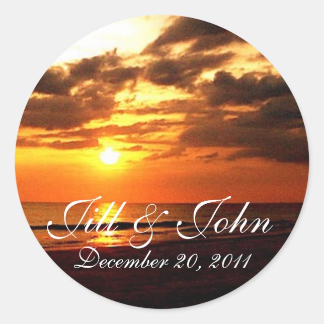 Tropische Sunset-Namen und Datum-Hochzeitsticker Runder Aufkleber (Vorderseite)