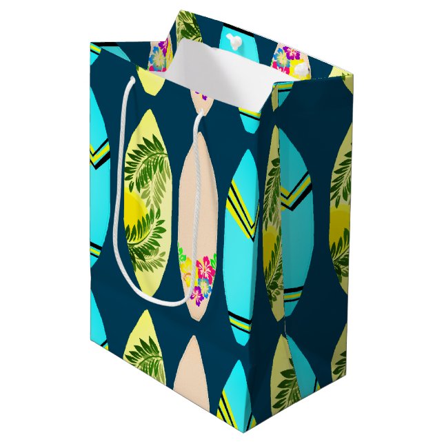 Tropische Surfbretter Illustriert Navy Blue Mittlere Geschenktüte (Vorderseite Schrägansicht)