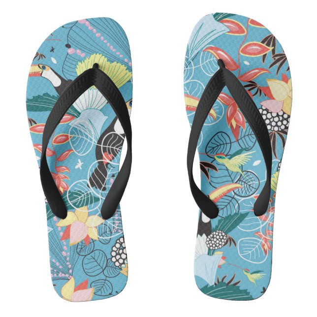 Tropische Textur mit Toucans und Hummingvögeln Flip Flops (Fußbett)