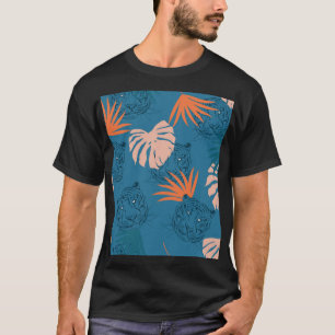 Tropische Tiger-Blätter Deep Blue T-Shirt