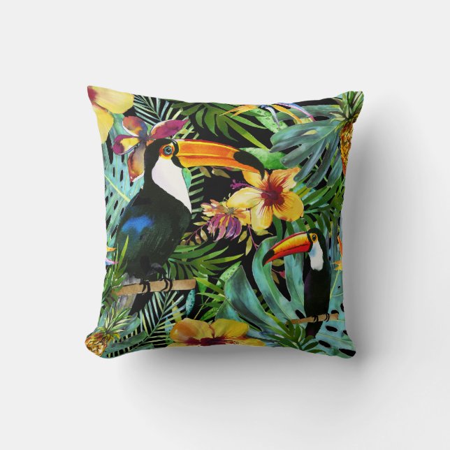 Tropische Toucan Paradies-Palmen-Ananas modern Kissen (Vorderseite)