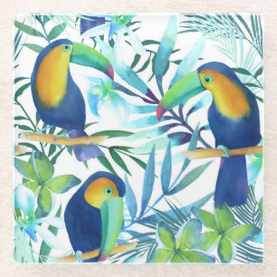 Tropische Toucans: Exotische Blume Muster. Glasuntersetzer