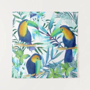 Tropische Toucans: Exotische Blume Muster. Wandteppich
