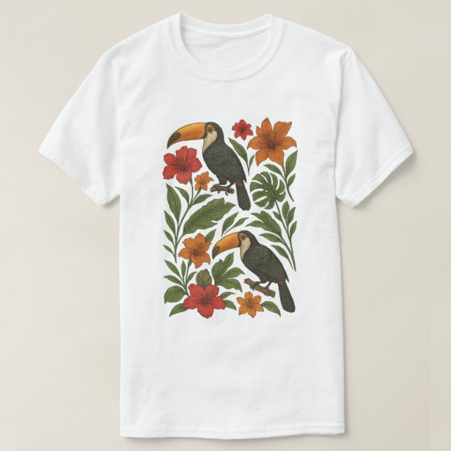Tropische Tukane und Blüten T-Shirt (Design vorne)