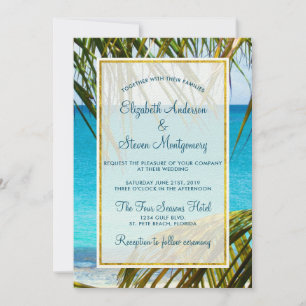 Tropische Turquoise-Strandhochzeit mit Palmwedeln Einladung