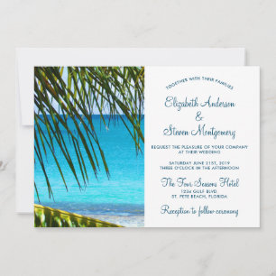 Tropische Turquoise-Strandhochzeit mit Palmwedeln Einladung