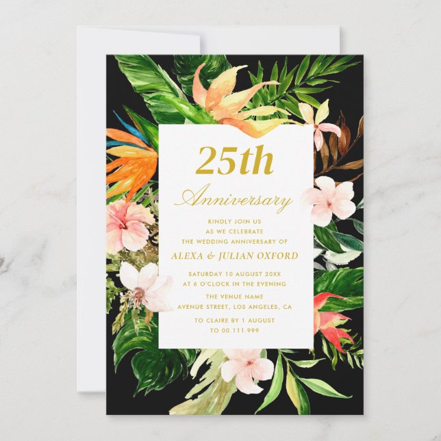 tropische Vegetation Blumen 25. Hochzeitstag Einladung (Vorderseite)
