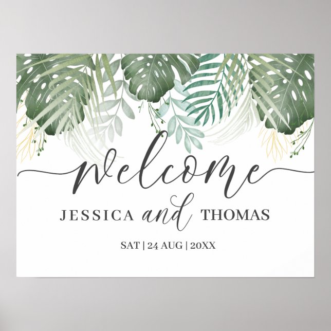 Tropische Vegetation Monstera Calligraphy Wedding  Poster (Vorne)