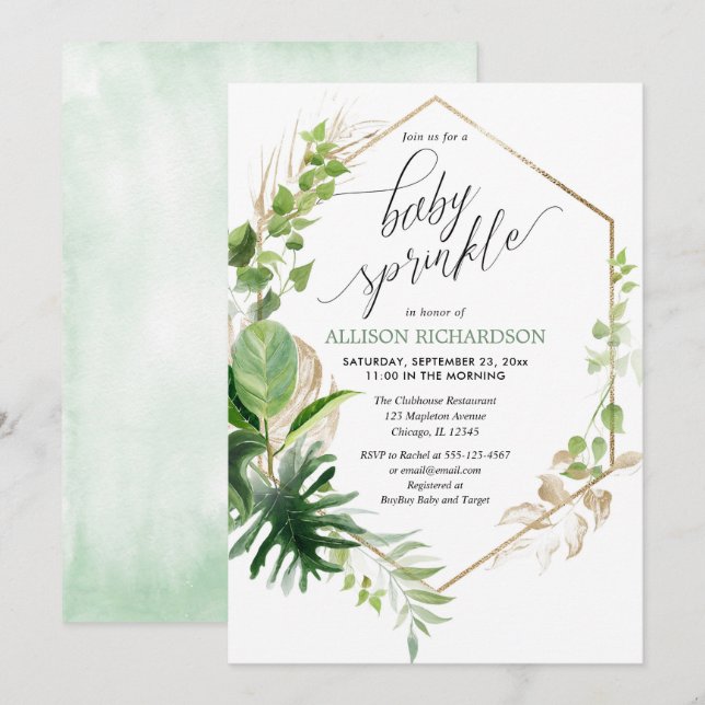 Tropische Vegetation und goldenes, elegantes Babys Einladung (Vorne/Hinten)