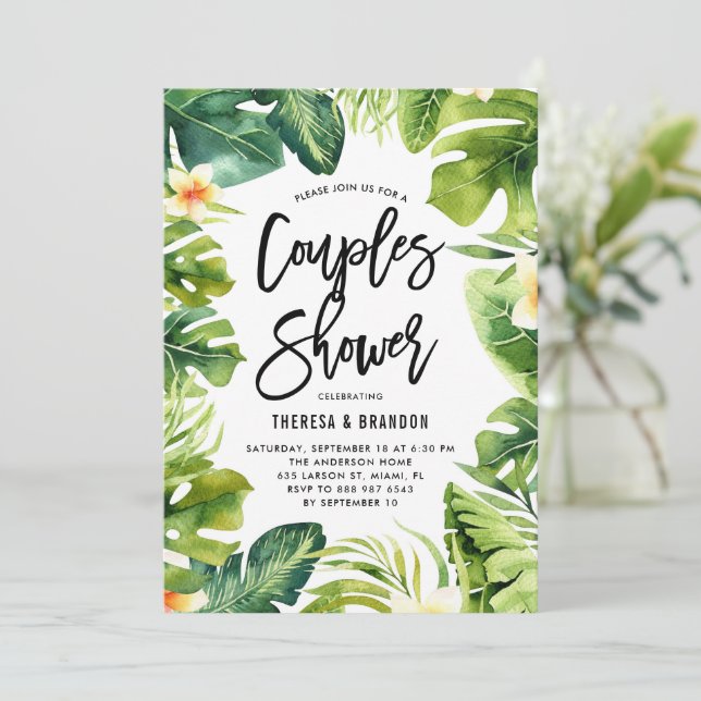 Tropische Vegetation und Plumeria Paare Dusche Einladung (Stehend Vorderseite)