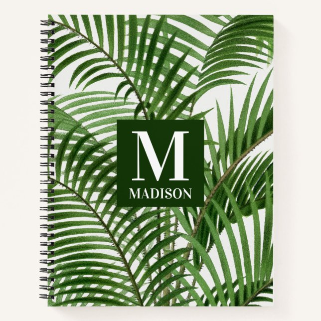 Tropische Vegetation Wasserfarbenpalme Mit Monogra Notizbuch (Vorderseite)