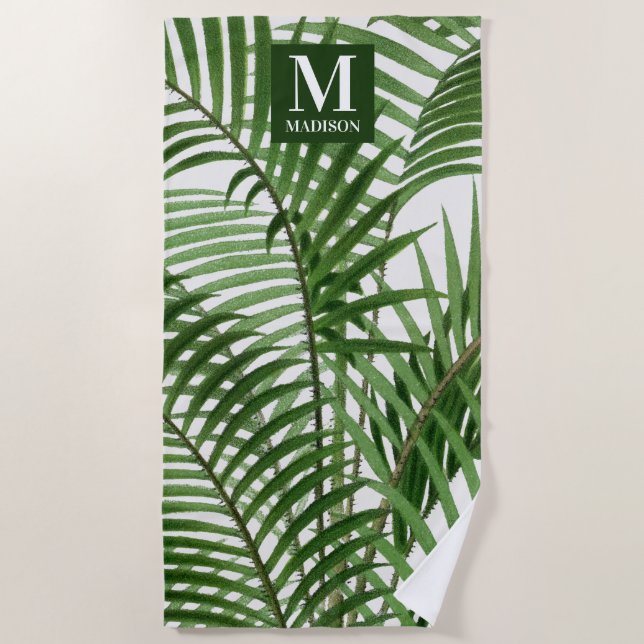 Tropische Vegetation Wasserfarbenpalme Mit Monogra Strandtuch (Vorderseite)