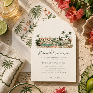 Tropische Villa Poolseite Aquarell-Hochzeit Einladung