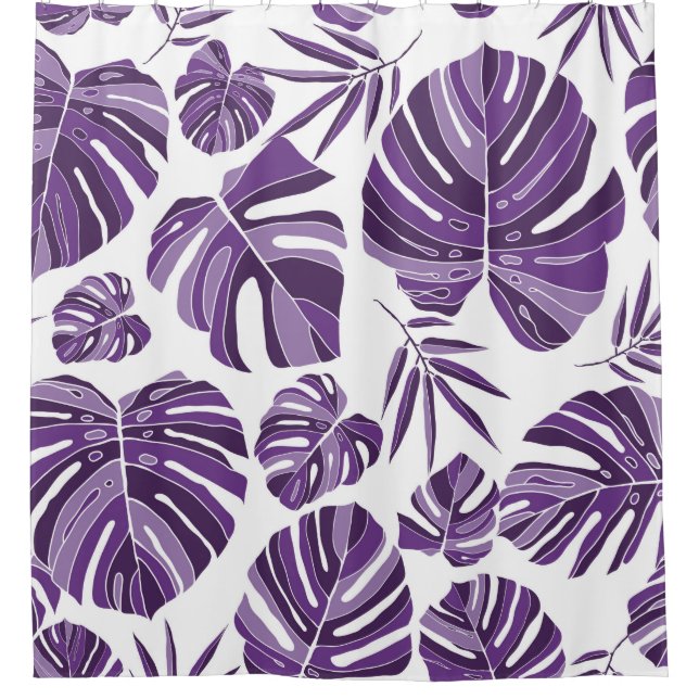 Tropische violette Monstera-Blätter nahtlos Muster Duschvorhang (Vorderseite)