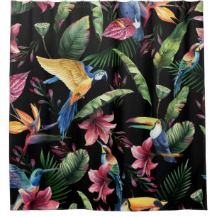 Tropische Vögel, Blume: Aquarellmuster. Duschvorhang