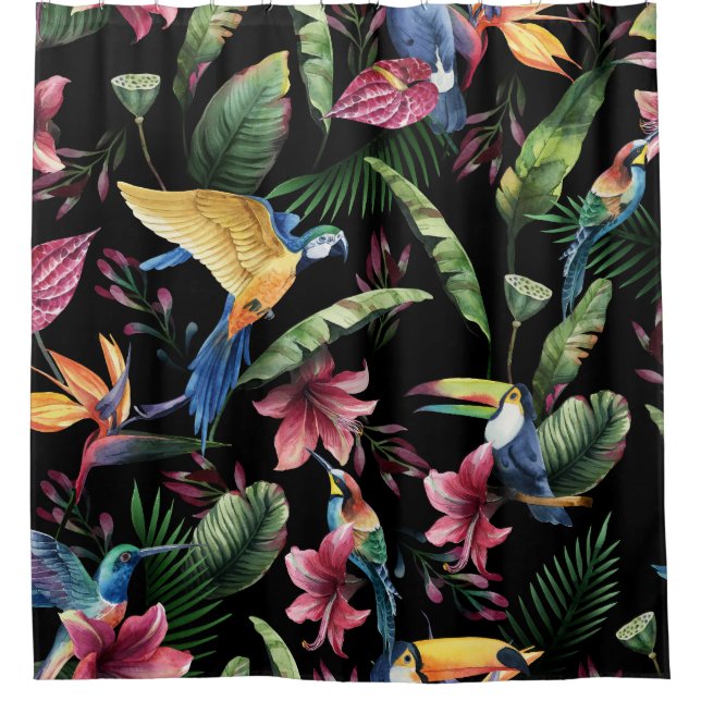 Tropische Vögel, Blume: Aquarellmuster. Duschvorhang (Vorderseite)