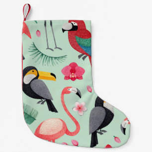 Tropische Vögel, Blume, Aquarellmuster. Kleiner Weihnachtsstrumpf