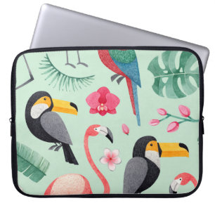 Tropische Vögel, Blume, Aquarellmuster. Laptopschutzhülle